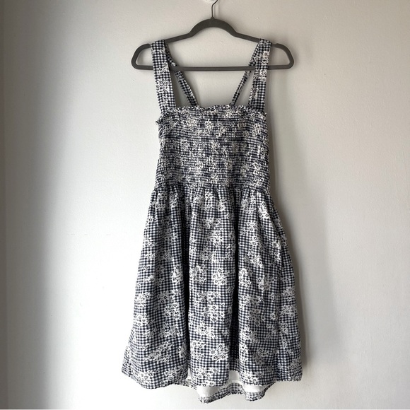 American Eagle Smocked Gingham Floral Sundress Blue White Cotton Linen Blend XL - Picture 1 of 14